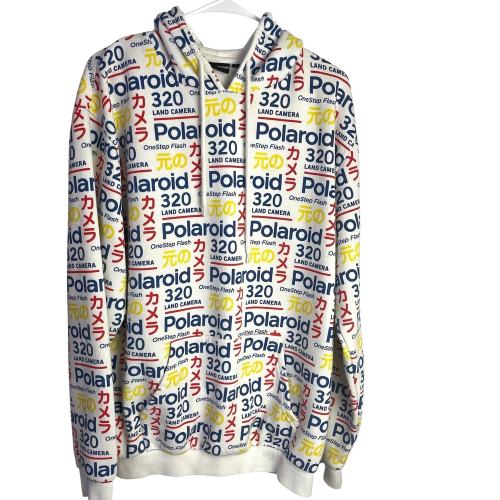 Polaroid Mens AOP Graphic Hoodie Size L White All Over Print OneStep Flash Retro